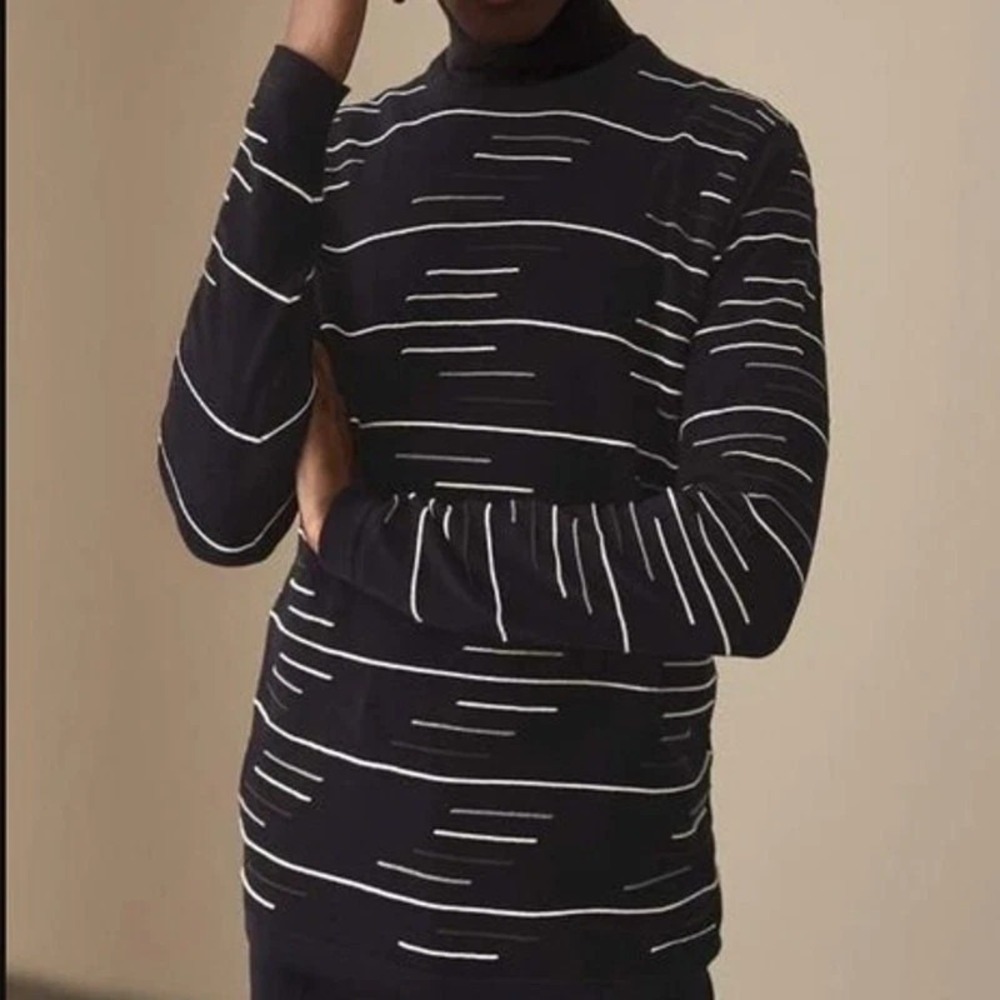 REISS Oswald Long Sleeve Sweater Size M Dark Navy Blue Embroider Stripe Casual